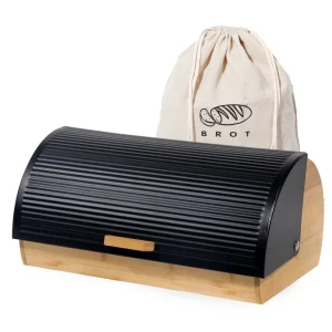Brotkasten Metall Holz, Brotbox Schwarz, Brot Aufbewahrungsbox groß, Brotkorb mit Deckel, Bread Box Küche, Brotbeutel (Schwarz-39cm)