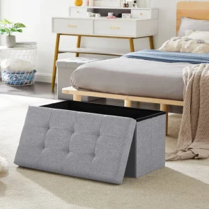 Sitzbank, Fußhocker, Sitztruhe faltbar mit Stauraum belastbar bis 300 kg 76 x 38 x 38 cm«, MDF-Platte und Leinenimitat.(Hellgrau)