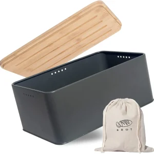 Brotkasten mit Schneidebrett, Matte Brotbox mit Holzdeckel und Leinen Brotbeutel, Rundum Belüftung, Brotkorb für langanhaltende Frische Grau