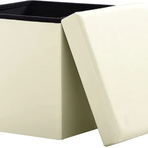 Sitzwürfel mit Stauraum Fußbank Truhen Aufbewahrungsbox faltbar belastbar Kunstleder(Beige)