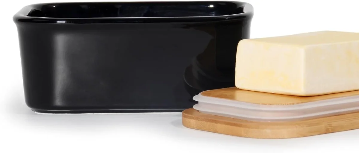 Butterdose Keramik mit Holzdeckel , 250g Butter Aufbewahrung , Butterbox Porzellan vintage (Schwarz) – Bild 4