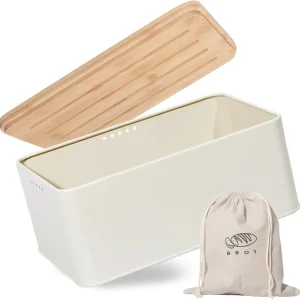 Brotkasten mit Schneidebrett, Matte Brotbox mit Holzdeckel und Leinen Brotbeutel, Rundum Belüftung, Brotkorb für langanhaltende Frische (Beige)