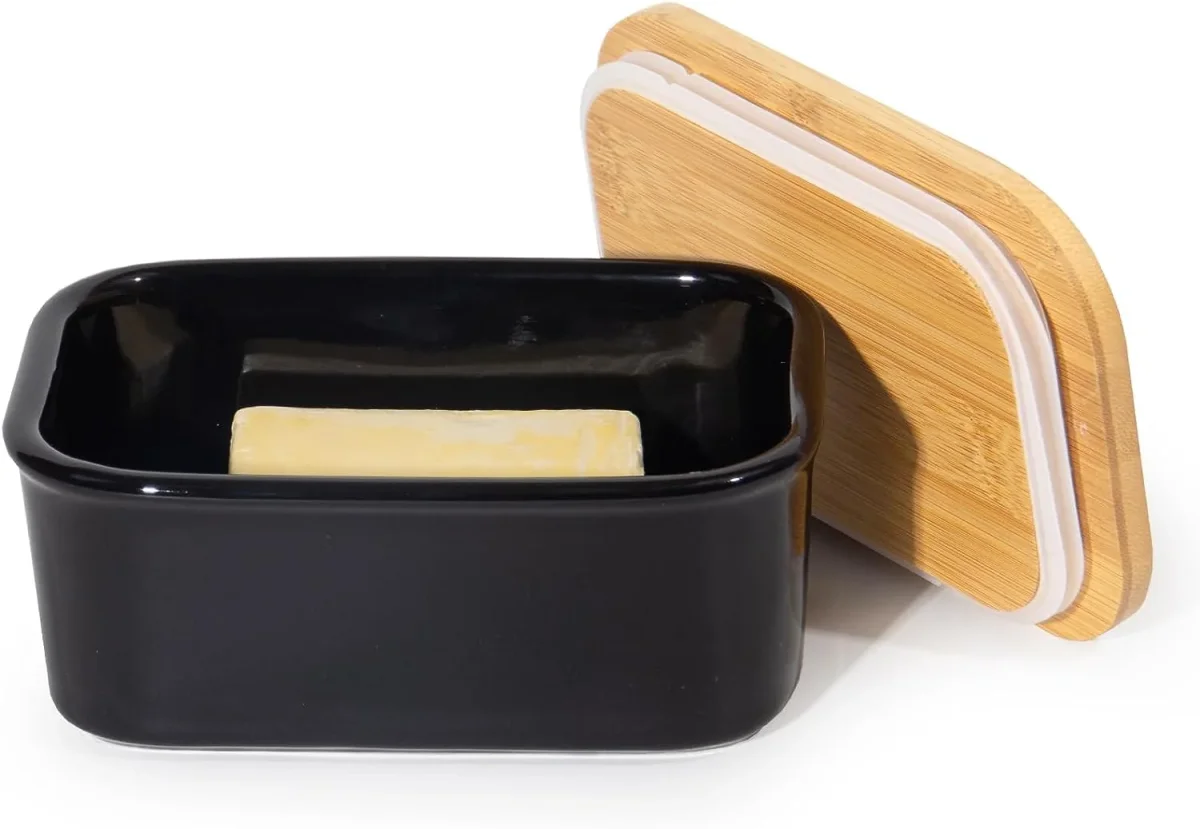 Butterdose Keramik mit Holzdeckel , 250g Butter Aufbewahrung , Butterbox Porzellan vintage (Schwarz) – Bild 2