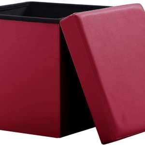 Stauraum Fußhocker, Aufbewahrungsbox faltbar belastbar bis 300 kg, 38 x 38 x 38 cm,Aus MDF-Platte und Kunstleder.(Dunkelrot)
