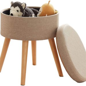 Aufbewahrungsbox Stuhl Ottoman Polstersitz aus Leinen und Massivholz (Beige)