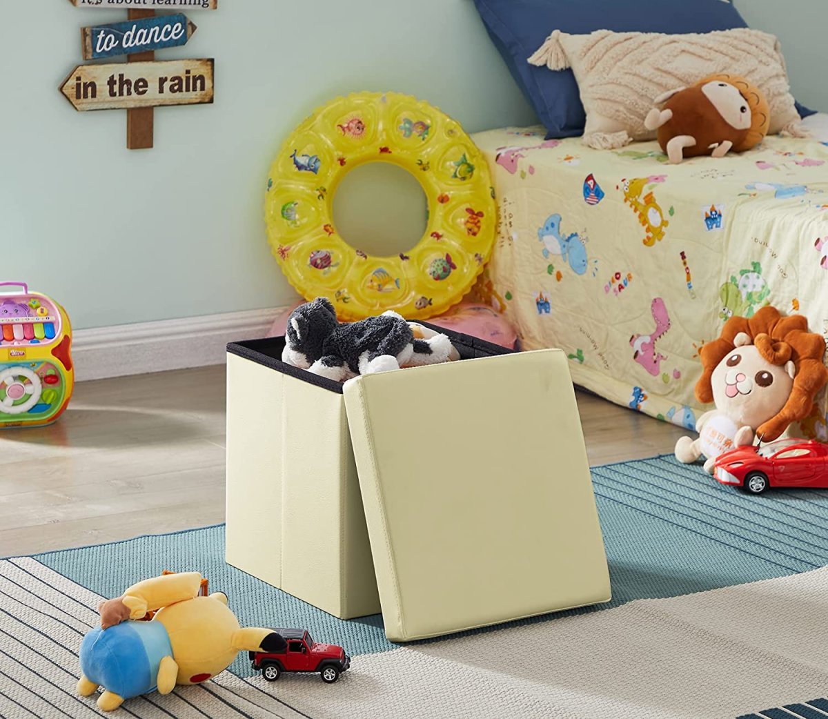 Sitzwürfel mit Stauraum Fußbank Truhen Aufbewahrungsbox faltbar belastbar Kunstleder(Beige) – Bild 6
