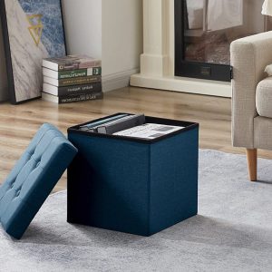 Fußhocker, Fußbank Truhen Aufbewahrungsbox faltbar belastbar bis 300 kg, Leinen, 38 x 38 x 38 cm(Marineblau)
