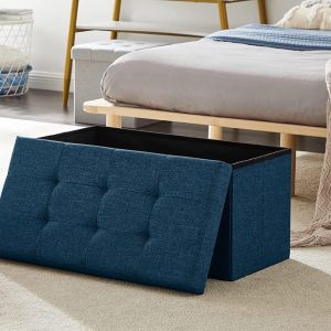 Sitzbank,Fußhocker, Sitztruhe faltbar mit Stauraum belastbar bis 300 kg 76 x 38 x 38 cm«, MDF-Platte und Leinenimitat.(Marineblau)