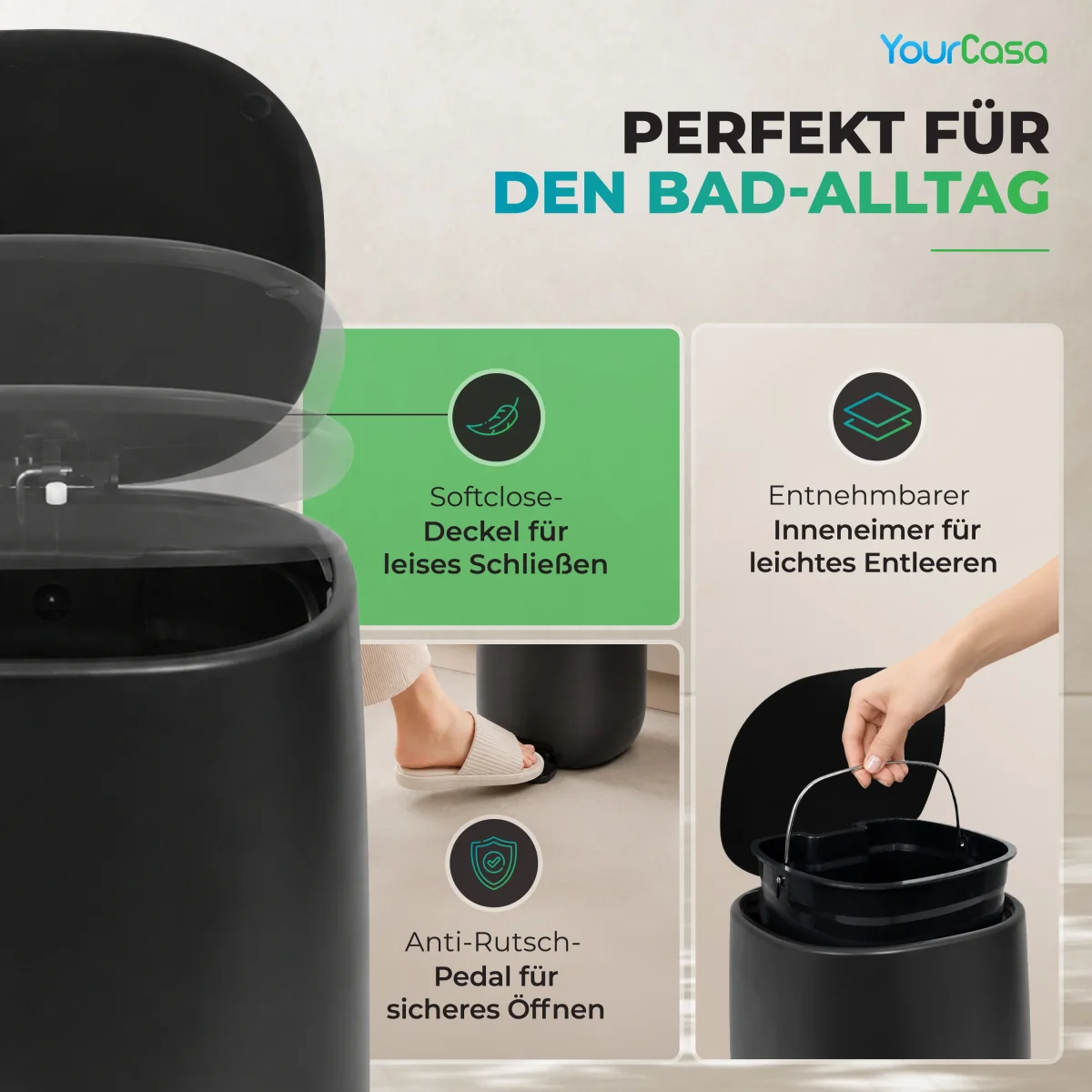 YourCasa Bad-Set: 5L Badmülleimer + Silikon-Klobürste, Softclose – Bild 8