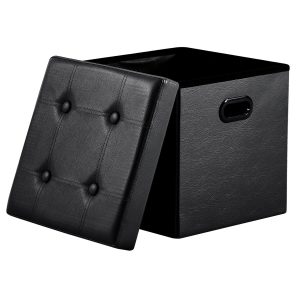 Sitzwürfel mit Stauraum Fußbank Truhen Aufbewahrungsbox faltbar belastbar Kunstleder(Schwarz-leicht)