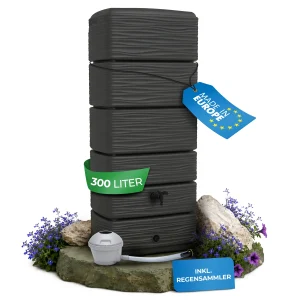 AquaWall Regentonne 300 Liter Anthrazit – Schlanke Wandtonne schmal & platzsparend mit Regensammler Set