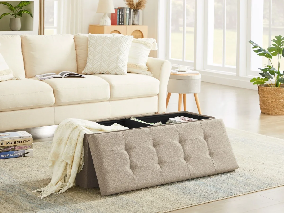 Sitzbank mit Stauraum, Aufbewahrungsbox,faltbar,max.Belastbarkeit300kg,120 L,114x38x38cm,MDF-Platte und Leinenimitat.(Beige) – Bild 2