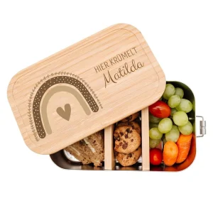 Brotdose Edelstahl personalisiert - Regenbogen Boho beige Aquarell