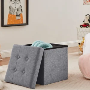 Fußhocker, Fußbank Truhen Aufbewahrungsbox faltbar belastbar bis 300 kg, Leinen, 38 x 38 x 38 cm(Dunkelgrau)