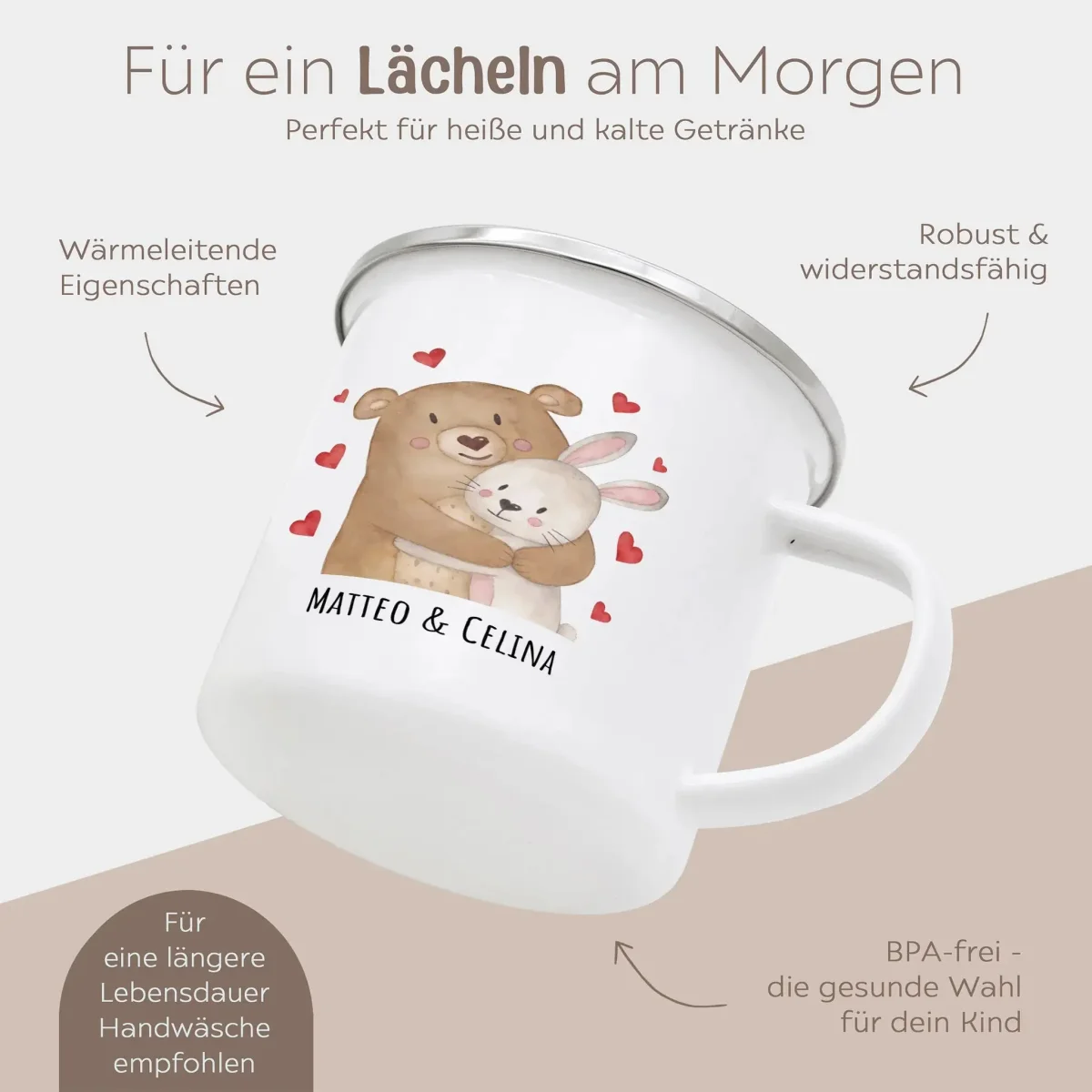 Emaille Kindertasse personalisiert - Bär umarmt Hase – Bild 6