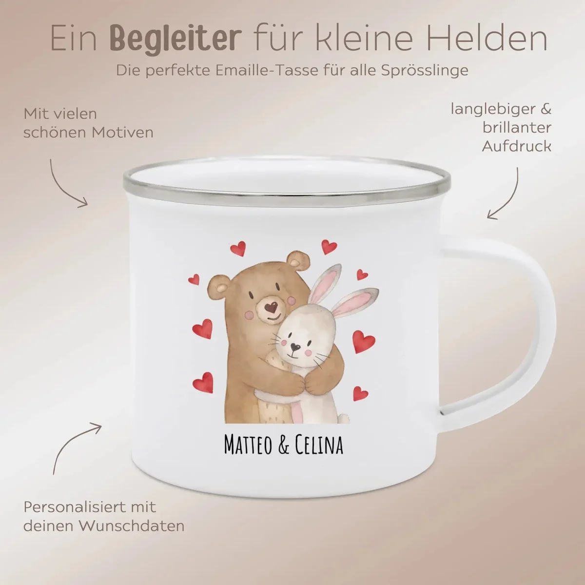 Emaille Kindertasse personalisiert - Bär umarmt Hase – Bild 7