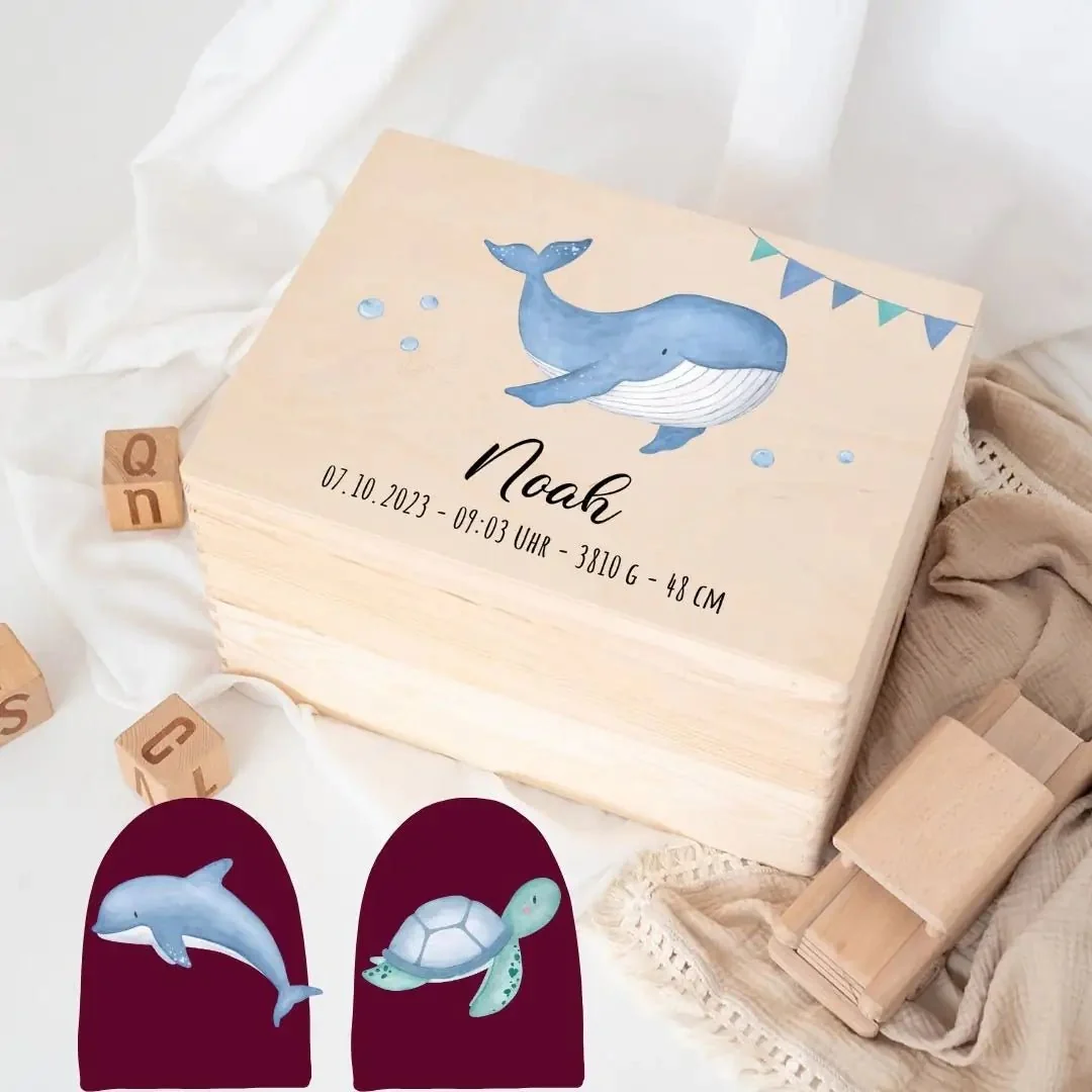 Erinnerungsbox Holz mit Wunschdaten – Meerestier Girlande Aquarell – Bild 4