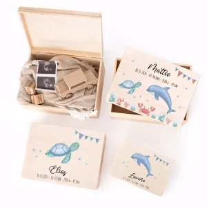 Erinnerungsbox Holz mit Wunschdaten – Meerestier Girlande Aquarell