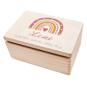 Erinnerungsbox Holz mit Wunschdaten – Regenbogen Boho rosa Aquarell