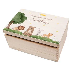 Erinnerungsbox Holz mit Wunschname – Tiere unterm Sternenhimmel Aquarell