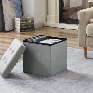 Fußhocker, Fußbank Truhen Aufbewahrungsbox faltbar belastbar bis 300 kg, Leinen, 38 x 38 x 38 cm（Hellgrau）