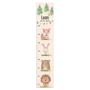 Kindermesslatte Holz personalisiert - Tiere übereinander Wald Aquarell