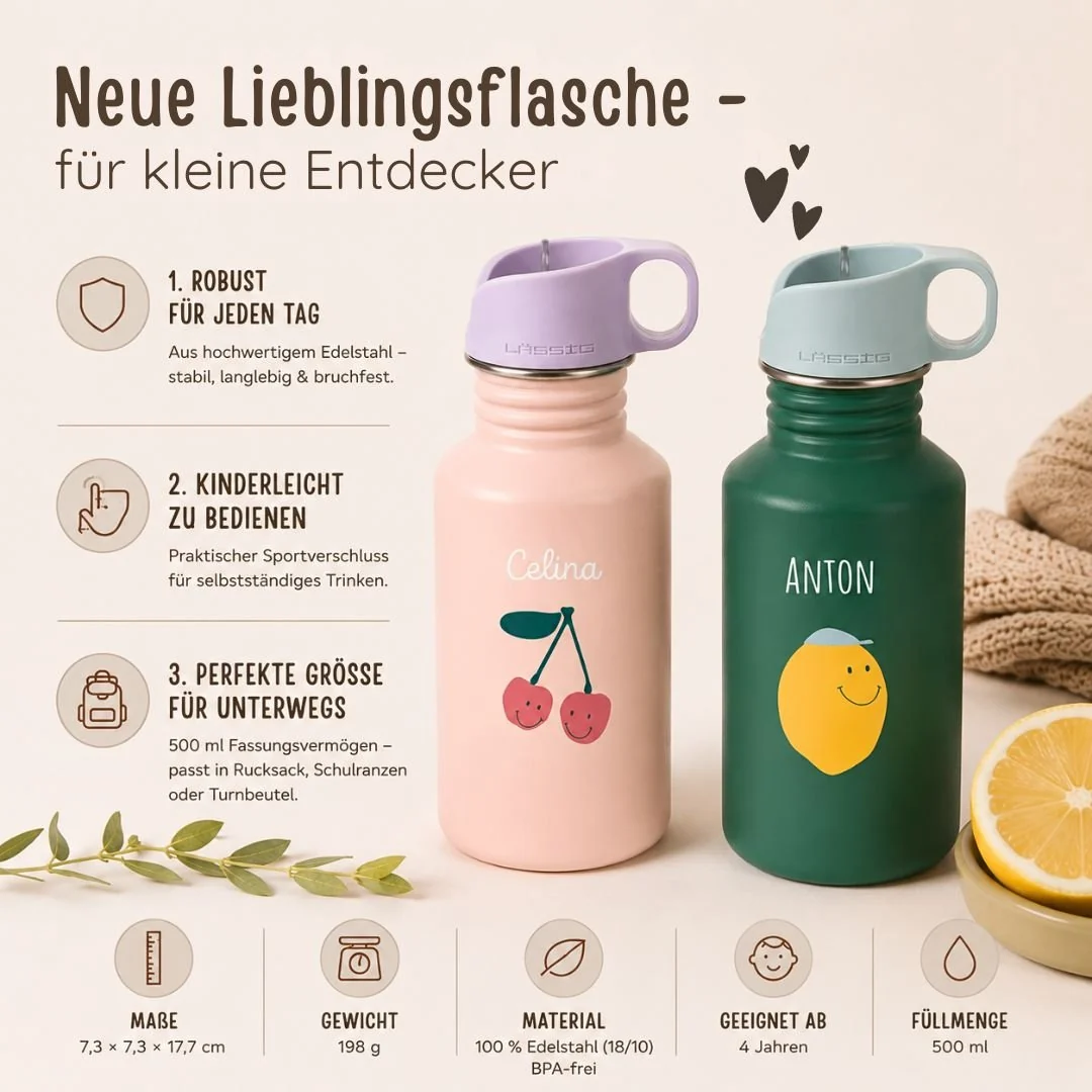 LÄSSIG Edelstahl Kinder Trinkflasche personalisiert - Happy Fruits – Bild 5