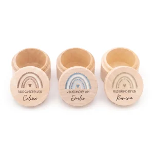 Milchzahndose Holz personalisiert - Regenbogen Punkte Aquarell