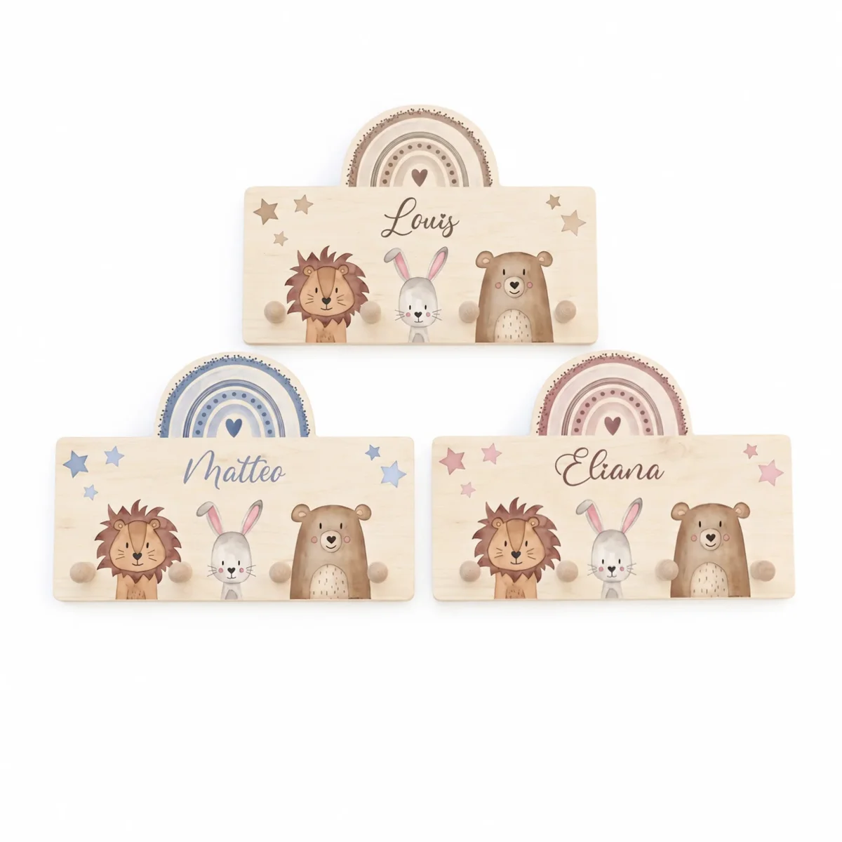 Regenbogen Kindergarderobe personalisiert - Tiere Regenbogen Aquarell