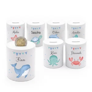 Spardose Keramik personalisiert - Meerestier Girlande Aquarell