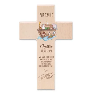 Taufkreuz aus Holz - Arche Noah Tiere Aquarell