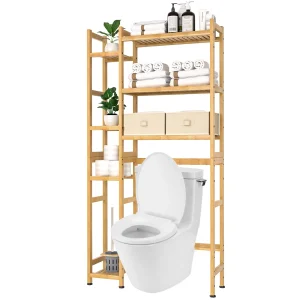 Yorbay Toilettenregal aus Bambus mit 2 Aufbewahrungsboxen und höhenverstellbaren Ablagen