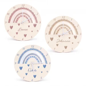 Wanduhr Kinder  Holz personalisiert - Regenbogen Punkte Aquarell